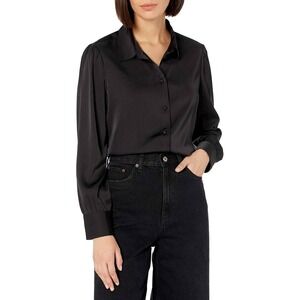 Satin Button Down Shirt Long Sleeve Black Blouse Elegant Top-Size‎ Small-NWT